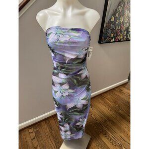 NWT BY SWAN Paris Lilac Floral Strapless Ruched Midi Dress Size Small